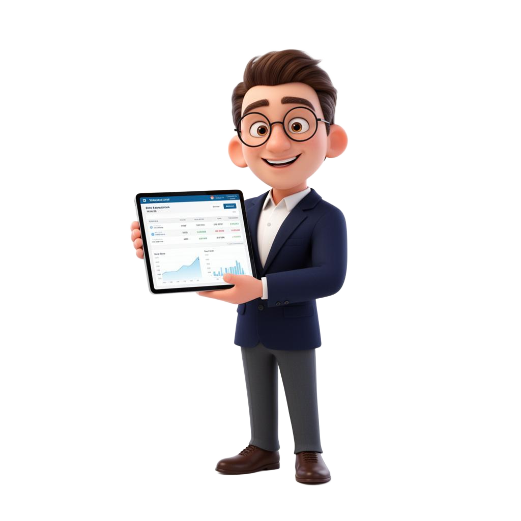 Friendly cartoon accountant holding a Ledgersync dashboard tablet